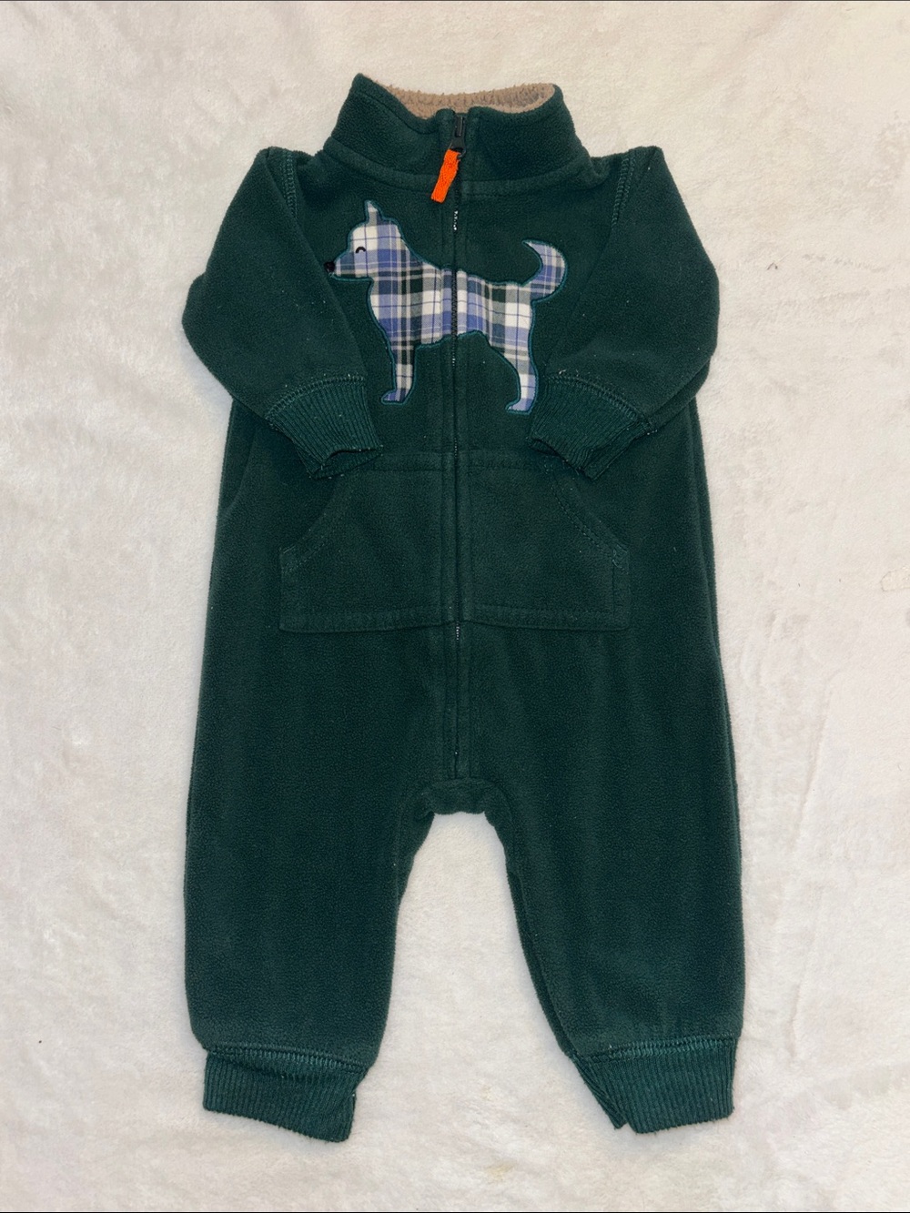 (2 for $10) carters Kids Dark Green Fleece One-Piece with Plaid Dog Applique